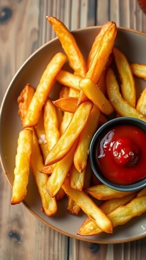Crispy Air Fryer French Fries Recipe Crispy air fryer French fries served with ketchup on a rustic table.